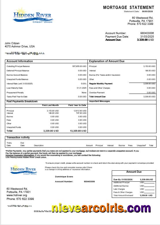 USA Pennsylvania Hidden River Credit Union  mortgage statement